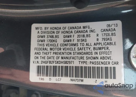 2013 Honda Civic Lx from USA, damaged, VIN 2HGFB2F5XDH582971